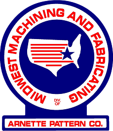 Logo for Midwest Machining and Fabricating, a division of Arnette Pattern Co., featuring a blue circle with a red border, a white USA map with red stripes, and a blue star over the Midwest.