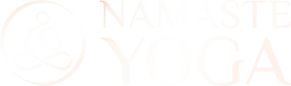 Logo for Namaste Yoga, featuring a stylized figure meditating in a circle, with "NAMASTE" above "YOGA" in a serif font.