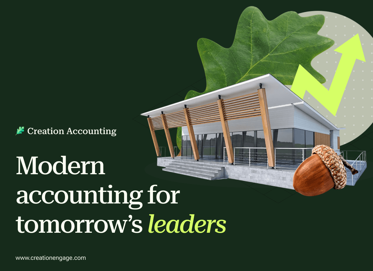 Creation Accounting ad featuring a modern building, an oak leaf, an acorn, and an upward green arrow, symbolizing growth and future leadership.