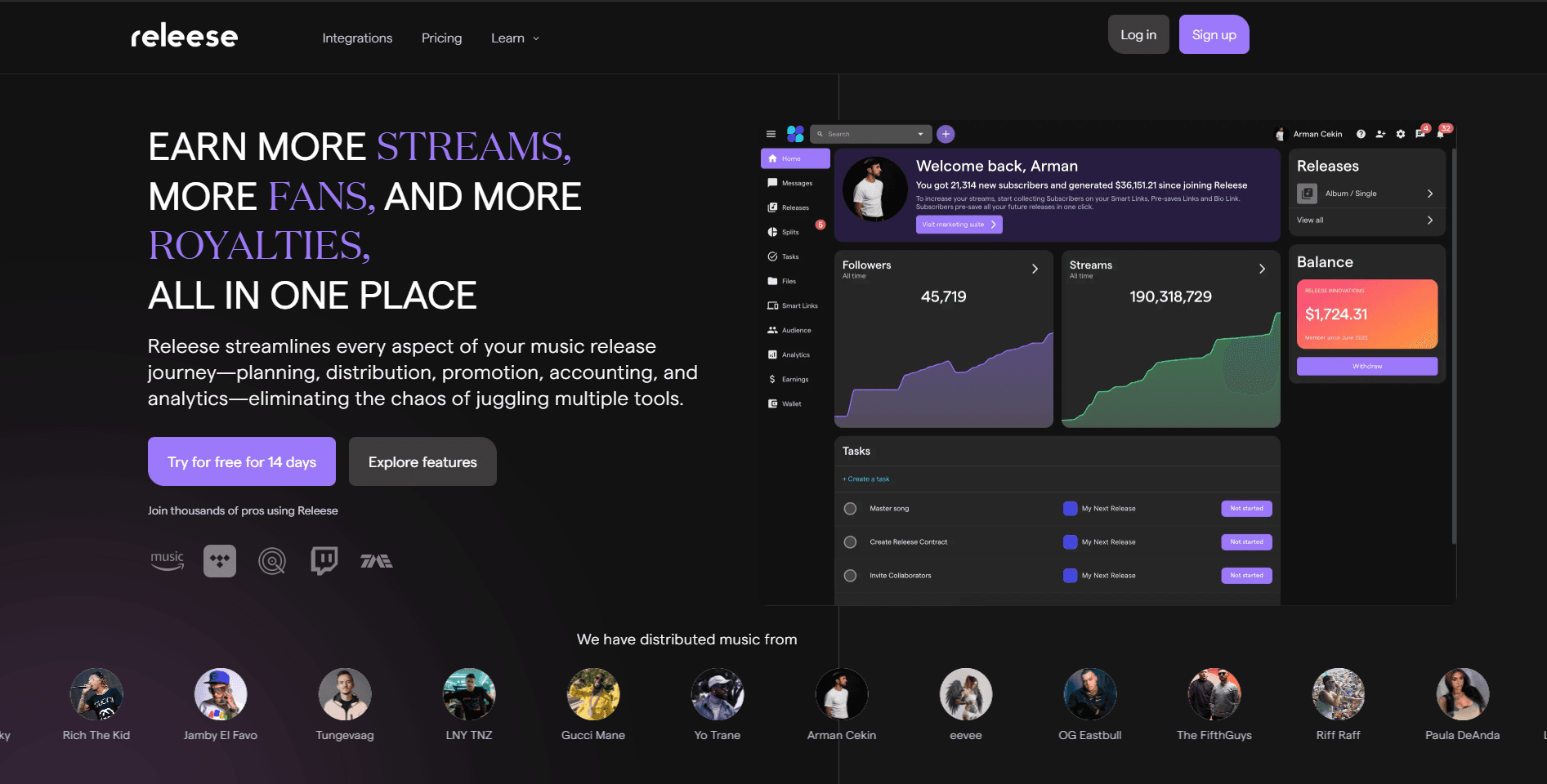 Releese music platform interface with a marketing pitch on the left promoting streams, fans, and royalties, alongside a user dashboard displaying an artist's followers, 190M streams, earnings, and release management tools.