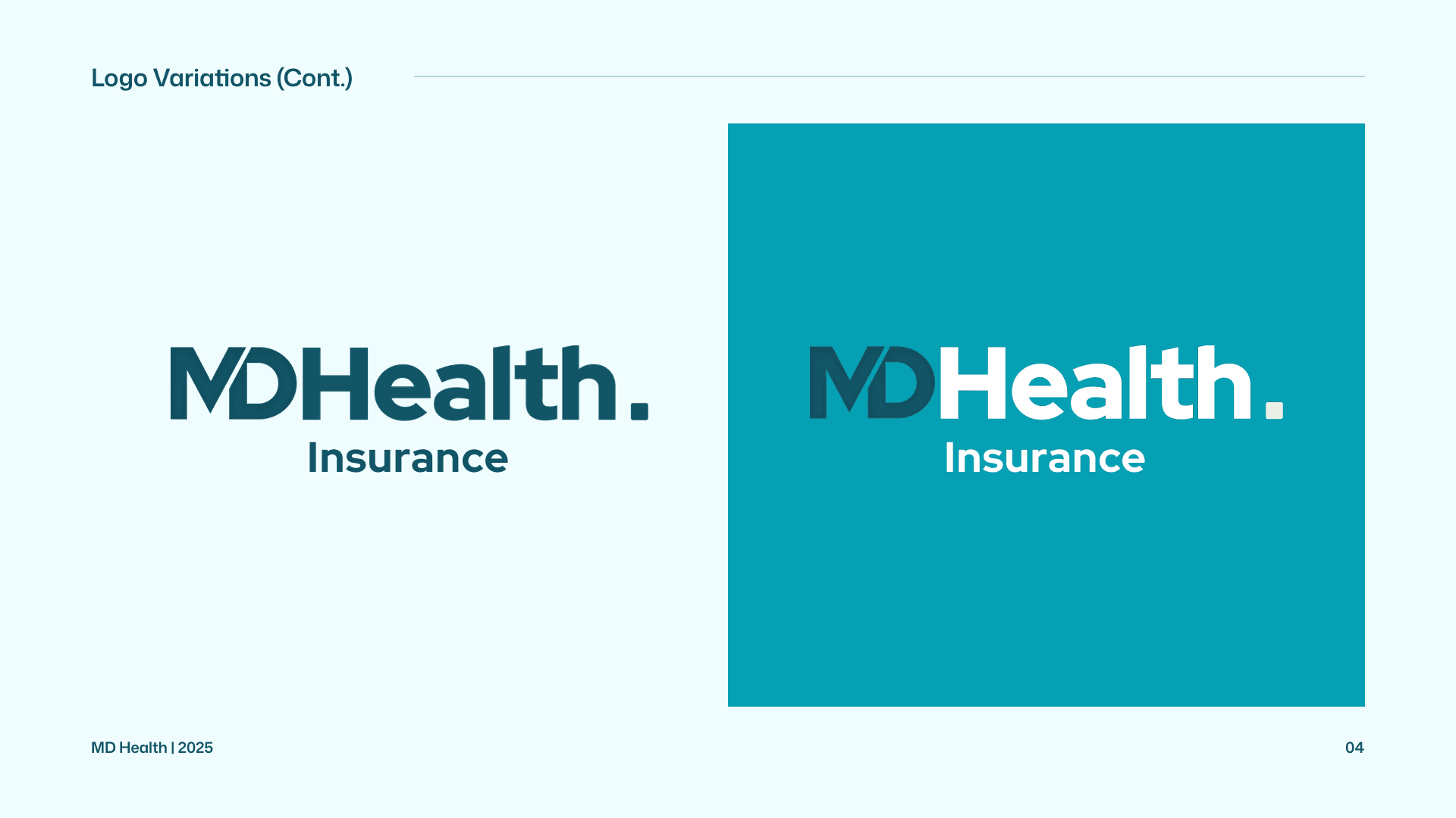 Two logo variations for MDHealth. Insurance. The first shows dark text on a light background, and the second shows light text on a teal background.
