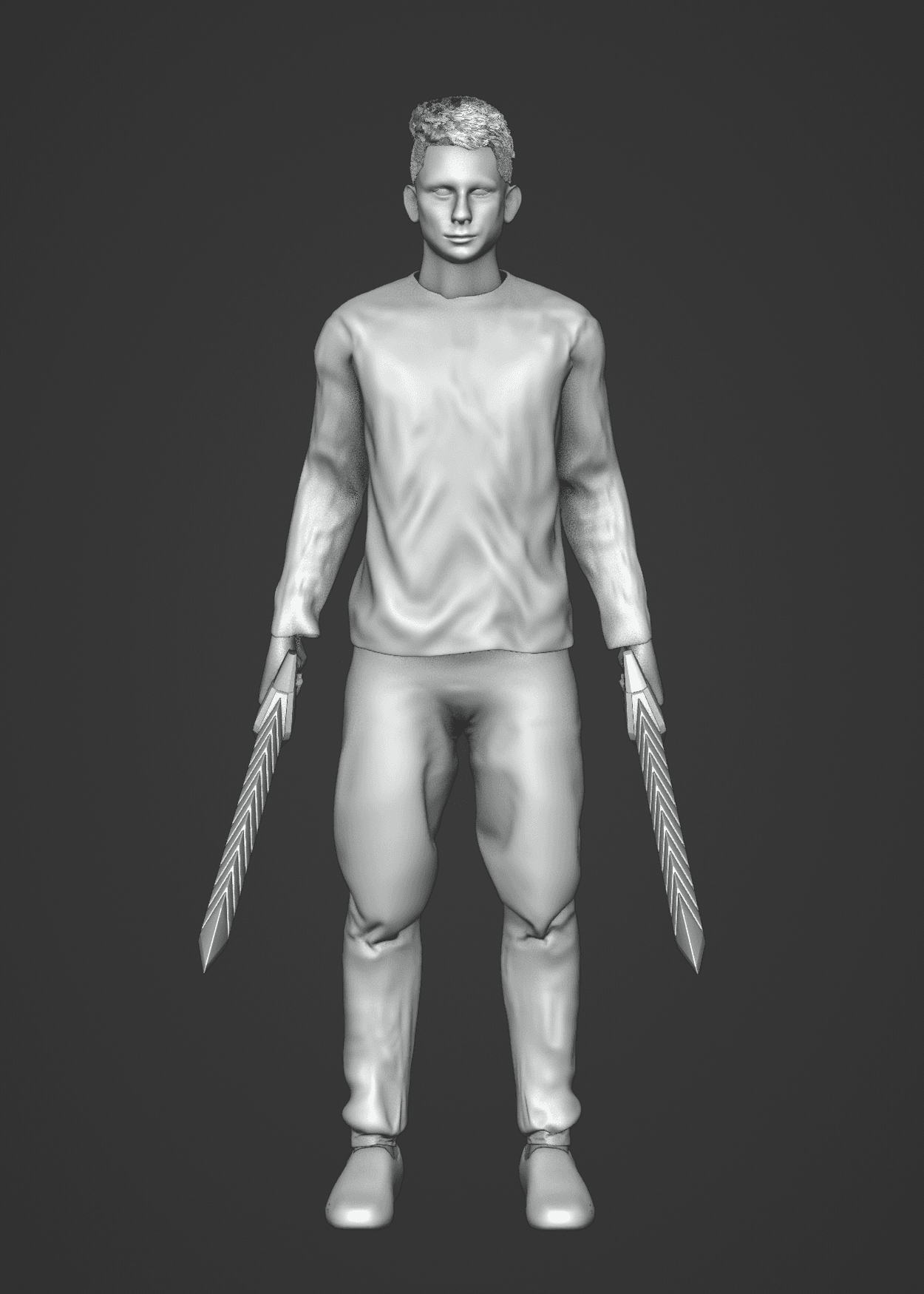 A grey 3D model of a man with spiky hair, wearing a long-sleeved shirt and trousers, holding two chevron-bladed swords pointing down.