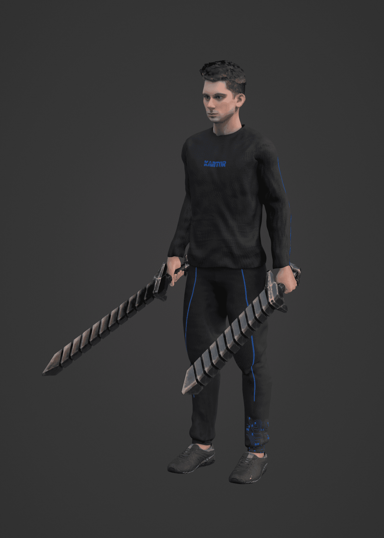 A 3D character of a young man in a black tracksuit with blue details, holding two large, futuristic swords. One pant leg features a blue circuit board pattern.