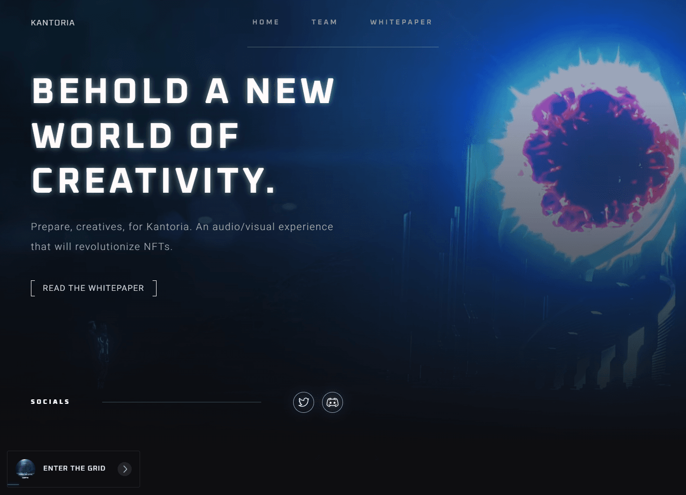 Kantoria website's hero section with the headline 'Behold a new world of creativity', describing an audio/visual experience revolutionizing NFTs. The dark, futuristic background features a vibrant, glowing red and purple orb.