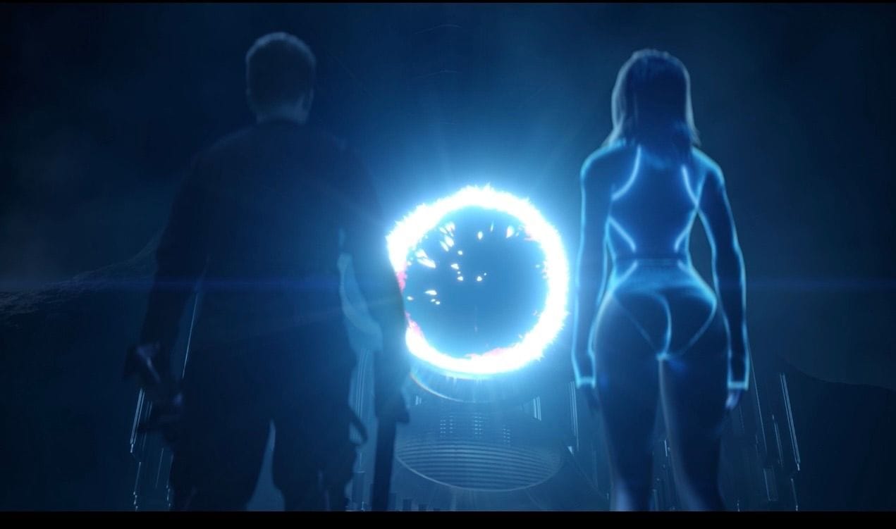 Two figures, a man and a glowing woman, stand before a brilliant blue portal in a dark, futuristic setting.