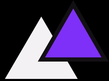 Pixelated icon featuring a white angular shape and a purple triangle overlapping its upper right side.