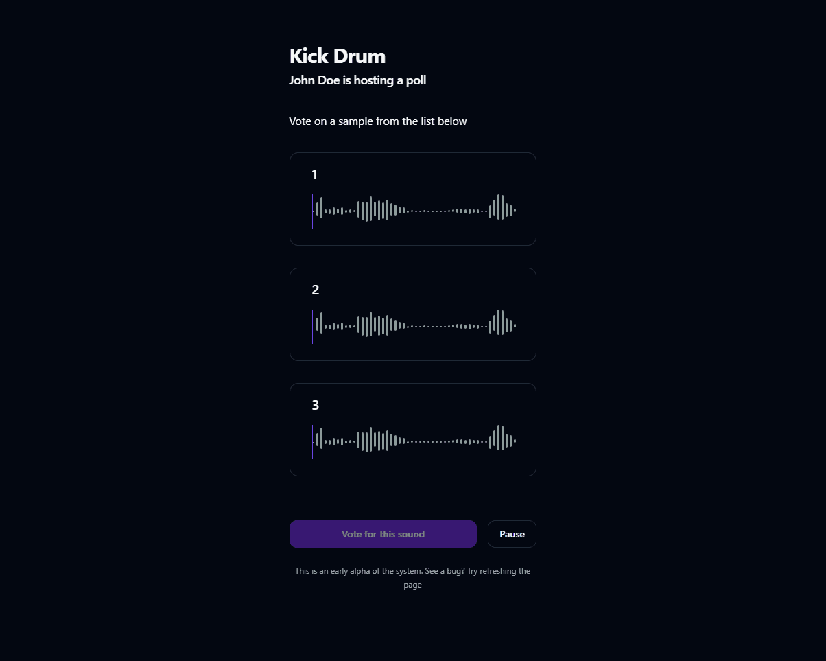 A dark-themed user interface for a sound poll titled "Kick Drum," displaying three audio samples with waveform visualizations and "Vote for this sound" and "Pause" buttons.