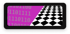Digital data represented by binary code on magenta, contrasted with a receding black and white checkerboard pattern.