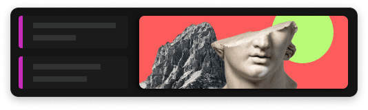 A dark gray UI panel with two purple-highlighted text placeholders, paired with a vibrant visual collage featuring a broken marble bust and a rocky mountain against a red background with a bright green circle.