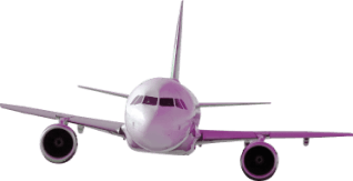 Front view of a light purple passenger airplane with two visible jet engines.