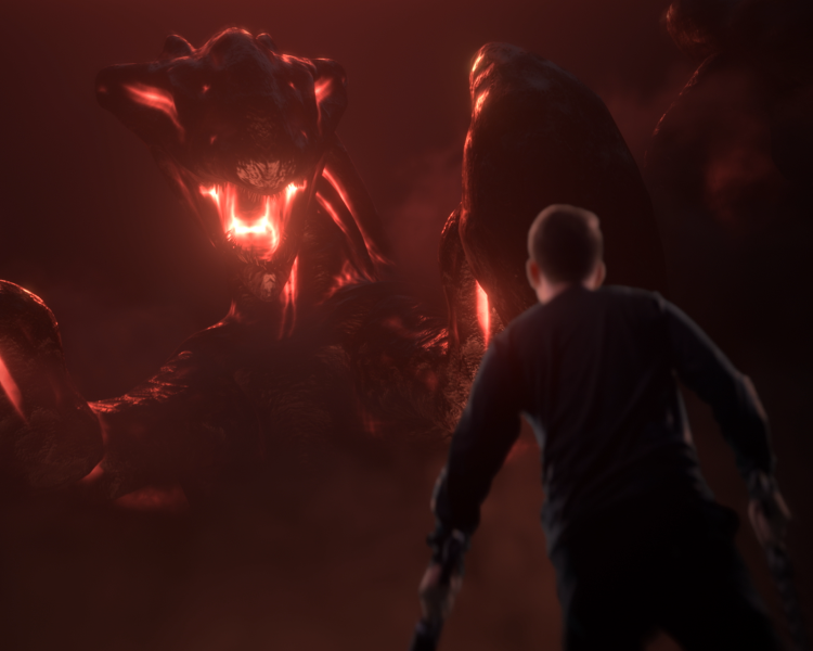 man standing in front of CGI dragon