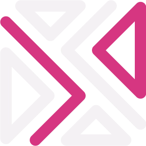 Abstract pixelated design on a black background, featuring thick magenta and white lines forming a diagonal cross, surrounded by smaller white and magenta arrow-like shapes and triangles.