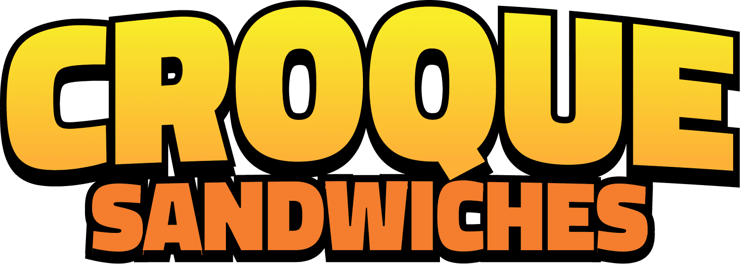 Logo for "CROQUE SANDWICHES" with "CROQUE" in large yellow-orange gradient letters and "SANDWICHES" below it in smaller orange-red gradient letters, both outlined in black.