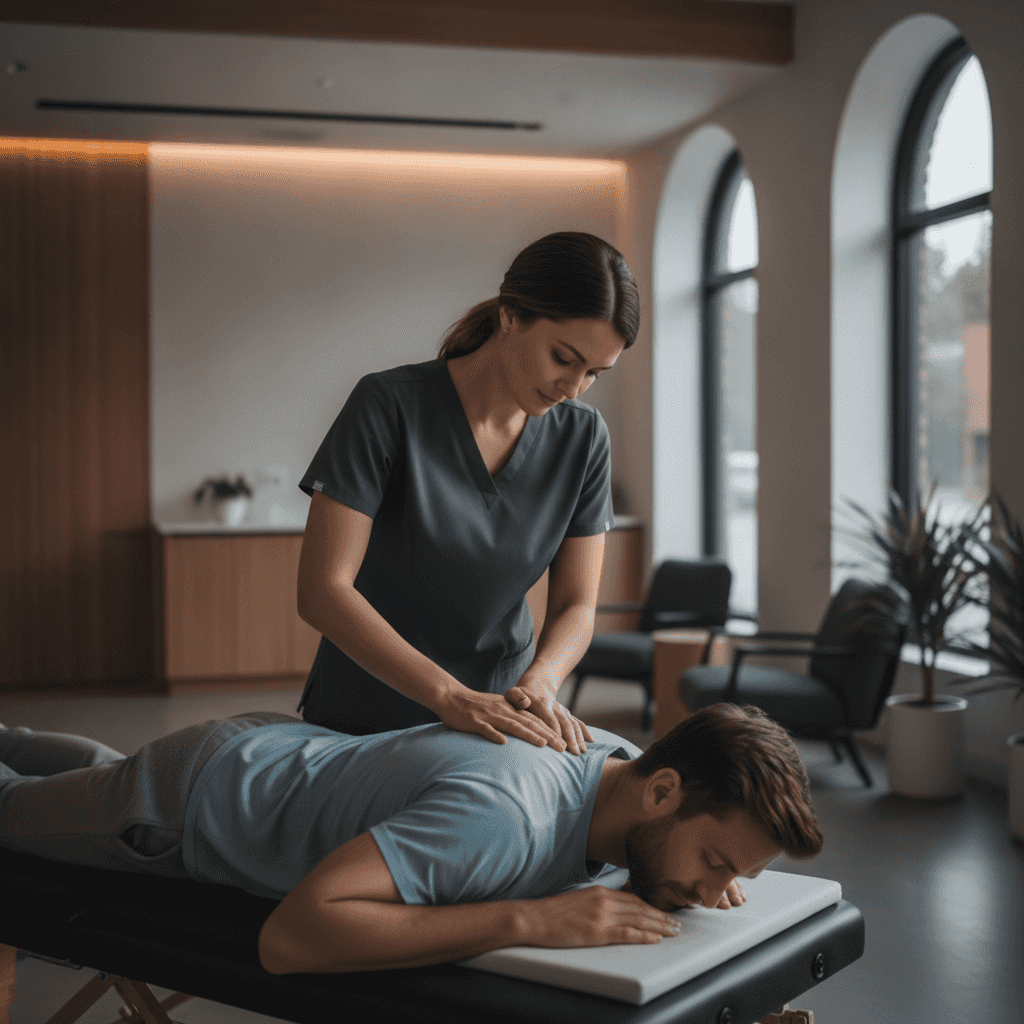 Professional chiropractic adjustment, a chiropractor performing a gentle back adjustment on a patient in a clean, modern, and welcoming clinic, cinematic lighting, moody and professional atmosphere, high-quality photography, shallow depth of field