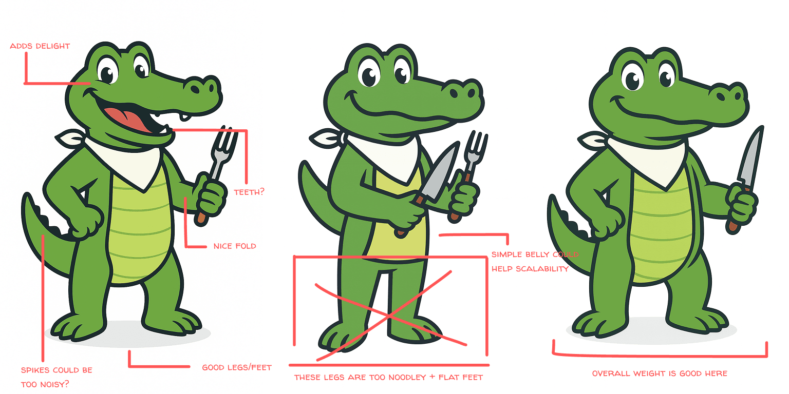 Three cartoon alligator character designs illustrating visual feedback and evolution from initial concept to a refined final version.