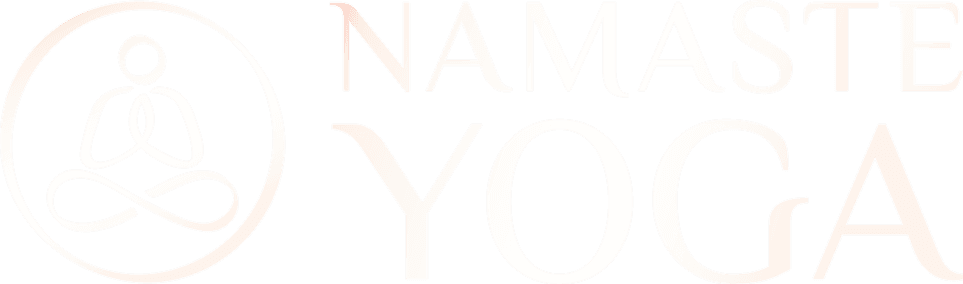 Logo for Namaste Yoga, featuring a stylized figure meditating in a circle, with "NAMASTE" above "YOGA" in a serif font.