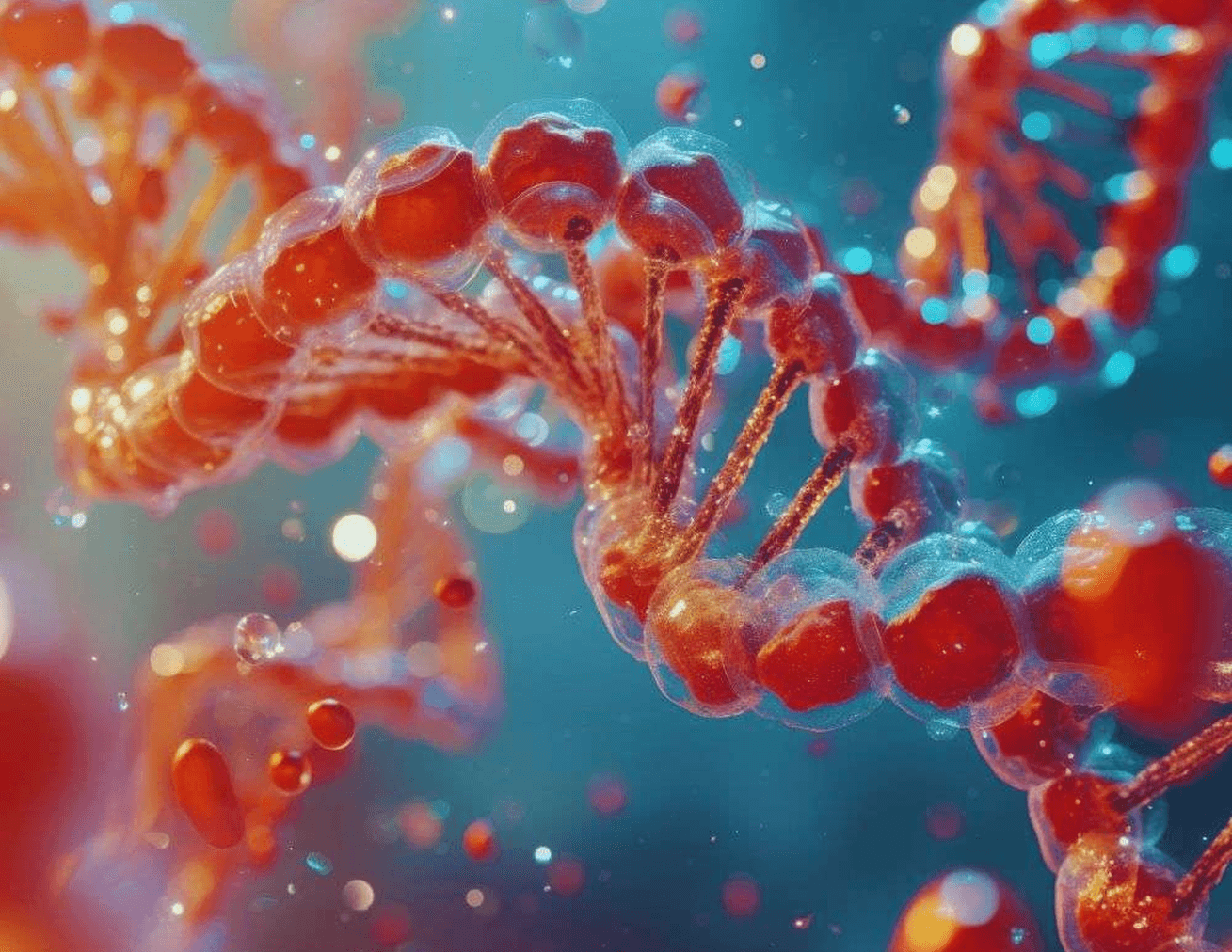 A vibrant, microscopic illustration of a DNA-like double helix structure made of red, bubble-like components, surrounded by glowing particles on a teal background.