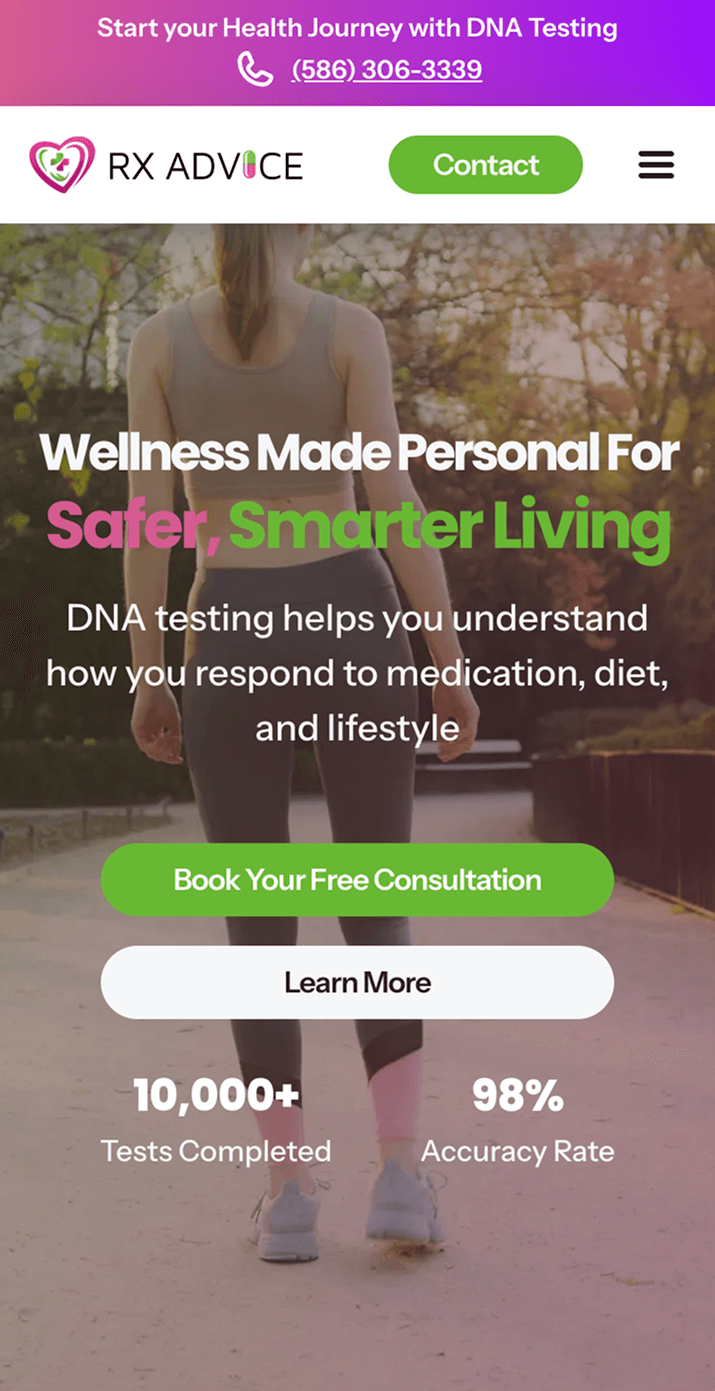 RX ADVICE mobile website with a woman walking outdoors, promoting DNA testing for "Safer, Smarter Living" by understanding responses to medication, diet, and lifestyle. Includes calls to action and performance statistics.