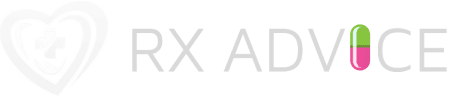 Logo for RX ADVICE featuring a white heart enclosing a medical cross and a hand, with a pink and green capsule pill replacing the 'I' in 'ADVICE'.