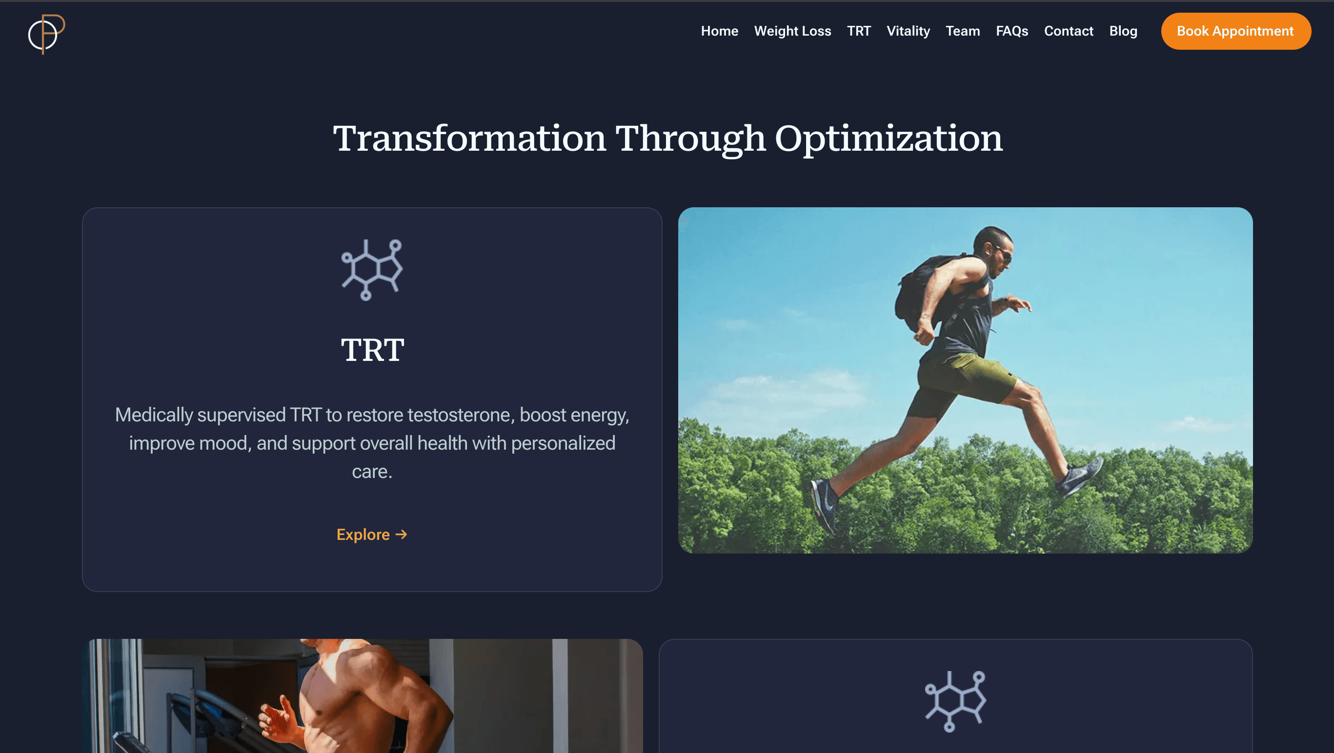 A professional website landing page featuring a dark navy background, a white molecular icon, and a dynamic photograph of a man running outdoors against a bright blue sky.