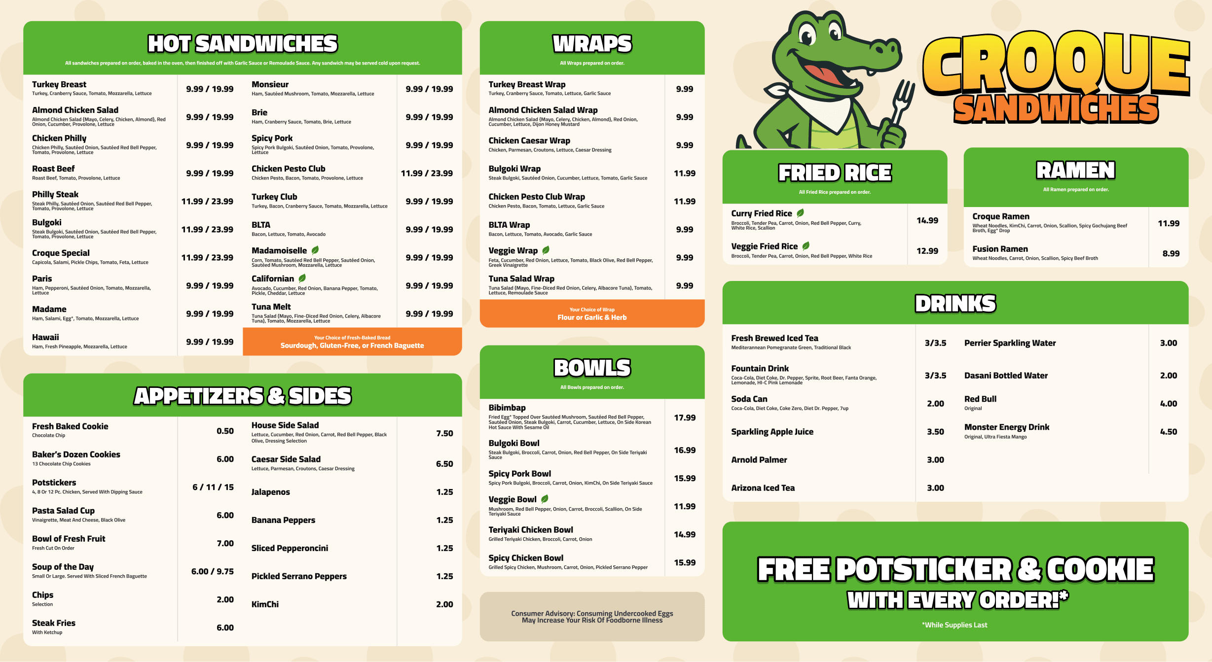 Croque Sandwiches restaurant menu displaying a friendly crocodile mascot, featuring hot sandwiches, wraps, fried rice, ramen, bowls, appetizers, drinks, and a free potsticker and cookie promotion.